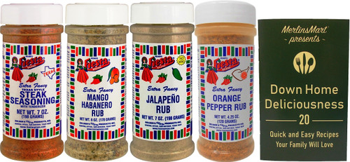 Bolner's Fiesta Seasoning Gourmet Rub 4 Flavor Variety, (1) Each: Texas Steak, Mango Habanero, Jalapeno, Orange Pepper (4.25-7 Ounces) - Plus Recipe Booklet Bundle Bolner's Fiesta Seasoning Gourmet Rub 4 Flavor Variety, (1) Each: Texas Steak, Mango Habanero, Jalapeno, Orange Pepper (4.25-7 Ounces) - Plus Recipe Booklet Bundle