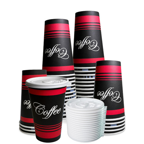 EcoQuality Large 16 oz 100 Count Paper Hot Cups with White Lids Classic Durable Disposable Paper Hot Coffee Cups For Hot/Cold Drink, Coffee, Tea, Cocoa, Travel, Office (16 Ounce - 100 Count Cups)