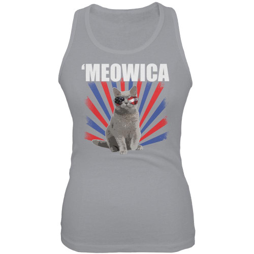 4th of July Meowica America Patriot Cat Juniors Soft Tank Top Grey SM
