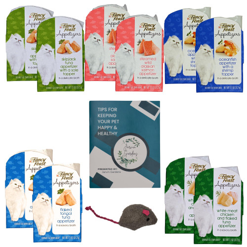 Fancy Feast Appetizers Wet Cat Food 5 Flavor 10 Tray Sampler (2) Each Tongal Tuna, Skipjack Tuna, Salmon, Oceanfish, Chicken & Flaked Tuna. Plus Healthy Pets Tip Booklet & Catnip Mouse Toy
