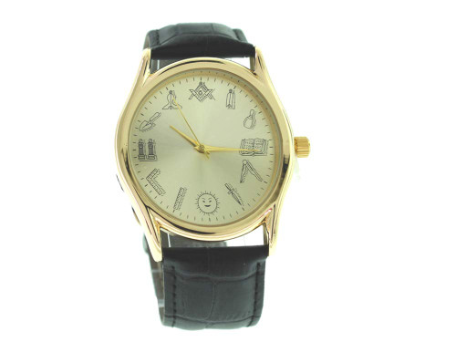Men's Gold Tone Premium Leather Band Extravagant Masonic Watch with a Very Classic Look by Captain Bling Watches New Comes with Masonic Box.