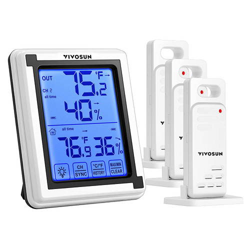 VIVOSUN Digital Thermometer and Hygrometer with 3 Remote Sensors, Indoor Outdoor Temperature and Humidity Monitor with Touchscreen LCD Backlight, 200ft/60m Range, Battery Included VIVOSUN Digital Thermometer and Hygrometer with 3 Remote Sensors, Indoor Outdoor Temperature and Humidity Monitor with Touchscreen LCD Backlight, 200ft/60m Range, Battery Included
