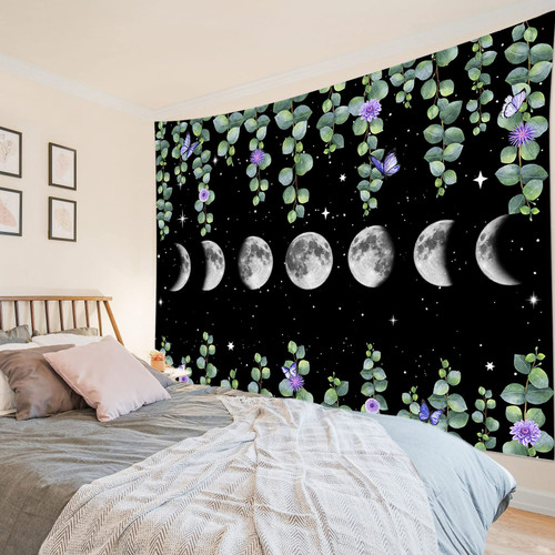 LB Purple Floral Tapestry Wall Hanging Spring Green Eucalyptus Leaf and Butterfly on Black Wall Tapestry for Bedroom Aesthetic Stars Moon Phase Tapestry for Living Room College Dorm Decor,92Wx70H inch LB Purple Floral Tapestry Wall Hanging Spring Green Eucalyptus Leaf and Butterfly on Black Wall Tapestry for Bedroom Aesthetic Stars Moon Phase Tapestry for Living Room College Dorm Decor,92Wx70H inch