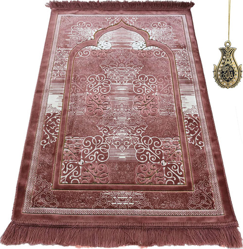 Modefa Turkish Islamic Prayer Rug - Soft Velvet Janamaz Praying Carpet - Comfortable Muslim Praying Mat for Men & Women - Ramadan or Eid Gift - Classic Elegant Swirl (Rose Pink)