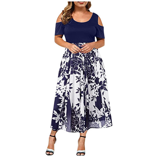 KASAAS Womens Plus Size Summer Dress Short Sleeve Casual Floral Maxi Dresses High Waist Cocktail Flowy Wrap Sundress