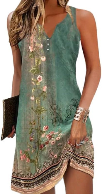 Green Floral L Summer Dresses for Women 2024 Vacation V Neck Sleeveless Boho Floral Sundress Vintage Casual A-line Beach Dress