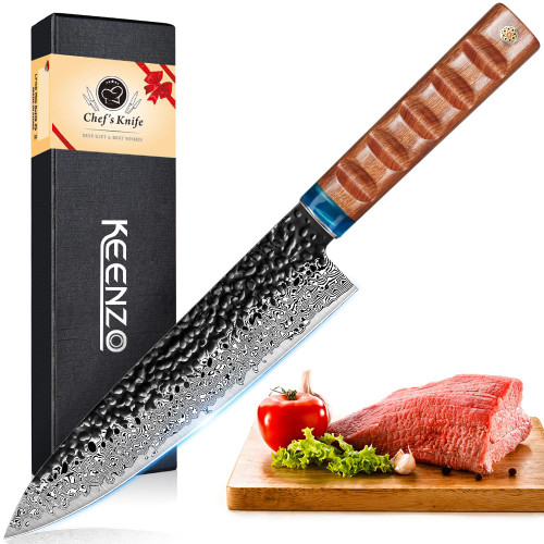 KEENZO Damascus Chef Knife 8 inch, Professional Kitchen Knives set, Sharp Japanese Hand Forged Damascus Steel Cooking Knife, Ergonomic Rosewood & Non-slip Handle with Gift Box for Home & Restaurant KEENZO Damascus Chef Knife 8 inch, Professional Kitchen Knives set, Sharp Japanese Hand Forged Damascus Steel Cooking Knife, Ergonomic Rosewood & Non-slip Handle with Gift Box for Home & Restaurant