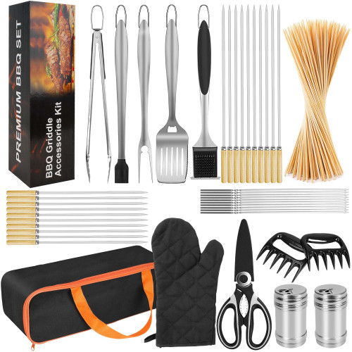 BBQ Accessories Grill Tools Set-Heavy Duty BBQ Gifts Tool Set 4pc Grill Accessories with Spatula, Fork, Brush & BBQ Tongs - Grilling Tools Gifts for Men Dad Father Durable, Stainless Steel