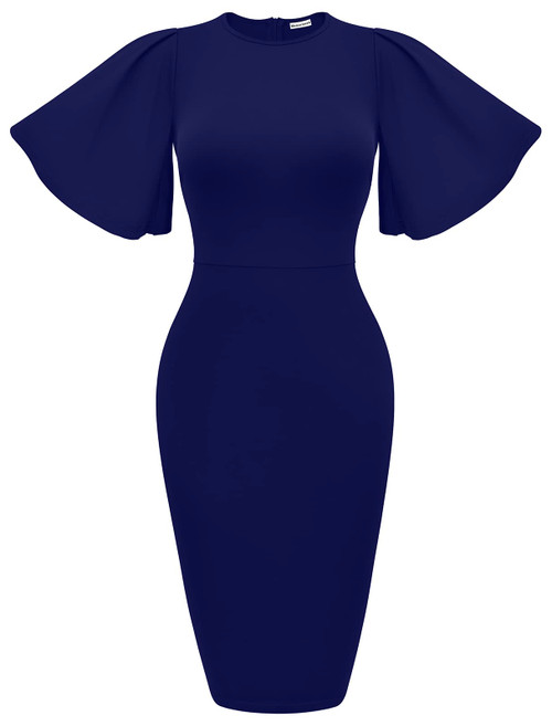 Memoriesea Women's Basic Bodycon Ruffle Flared Short Sleeve Pencil Midi Dress Navy Blue