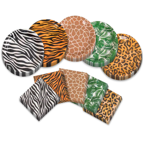 Posh Animal Print Party Pack - Wild Safari & Jungle Theme Zebra, Tiger, Giraffe, Leopard, and Monsterra Leaf Paper Dinner Plates and Lunch Napkins (Serves 30)