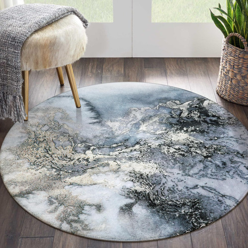 Lahome Marble Pattern Round Rug - 3Ft Washable Round Area Rug Non-Slip Small Round Bathroom Rug Throw Soft Bedroom Rugs Abstract Grey Print Distressed Round Carpet for Kitchen Entryway Living Room