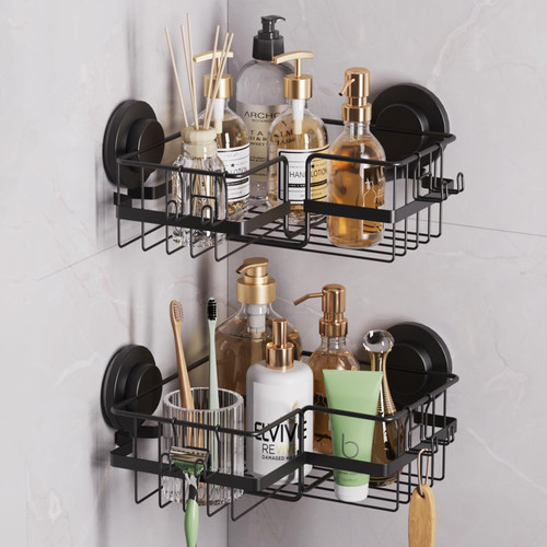 TAILI Corner Shower Caddy Suction Cup 2 Pack with Hooks, Stainless Steel Shower Shelf Basket Wall Mounted Organizer for Bathroom,Rustproof Shower Rack Heavy Duty,Drill-Free Removable,Black