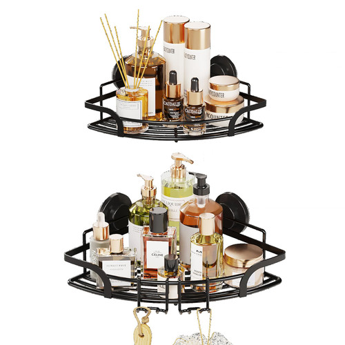 TAILI Corner Shower Caddy 2 Pack, Suction Cup Shower Shelves with Hooks Heavy Duty, Stainless Steel Shower Basket Organizer for Bathroom, Rustproof Shower Rack Drill-Free Removable, Black