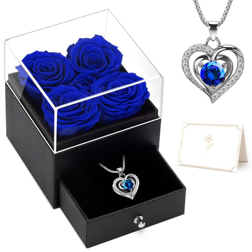 4 Eternal Roses in Box with Necklace, Valentines Forever Blue Roses Jewelry Box Gift, Preserved Flowers Gifts for Her, Girlfriend, Wife, Mom, Women Gifts for Valentines Day, Birthday, Anniversary 4 Eternal Roses in Box with Necklace, Valentines Forever Blue Roses Jewelry Box Gift, Preserved Flowers Gifts for Her, Girlfriend, Wife, Mom, Women Gifts for Valentines Day, Birthday, Anniversary