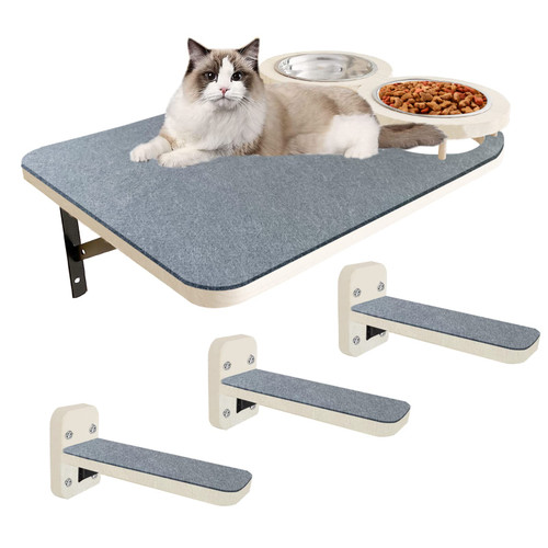 Cat Hammock Cat Wall Shelves with 3 Steps and 2 Cat Food Shelf, Wall Mounted Cat Shelves, Cat Scratching Post Cat Wall Shelf,Cat Shelves with Plush Coveredand Perches