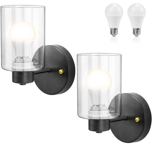 Yollzey Wall Sconces Set of 2, Bathroom Vanity Light Fixtures with Clear Glass Shade,Modern Black Sconces Wall Lighting,Metal Wall Lamp Wall Mounted Lights for Mirror Hallway Bedroom(2 Bulbs Included) Yollzey Wall Sconces Set of 2, Bathroom Vanity Light Fixtures with Clear Glass Shade,Modern Black Sconces Wall Lighting,Metal Wall Lamp Wall Mounted Lights for Mirror Hallway Bedroom(2 Bulbs Included)