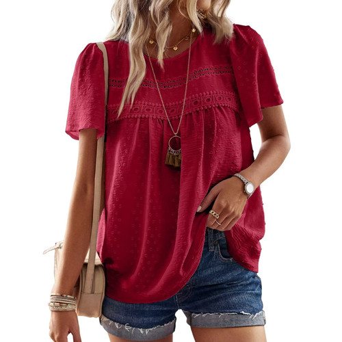 Falechay Red Summer Tops for Women Swiss Dots Short Sleeve Summer Blouse Boho Solid Round Neck Lace Pom Pom Flowy Chiffon Babydoll XL Falechay Red Summer Tops for Women Swiss Dots Short Sleeve Summer Blouse Boho Solid Round Neck Lace Pom Pom Flowy Chiffon Babydoll XL