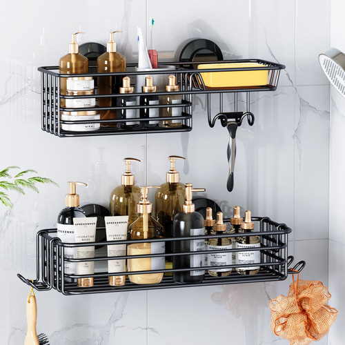 LEVERLOC Shower Caddy Suction Cup, 2 Pack Shower Shelves for Inside Shower with Hooks & Soap holder, NO-Drilling Bathroom Shower Organizer, Rustproof Stainless Steel Shower Holder Storage, Black