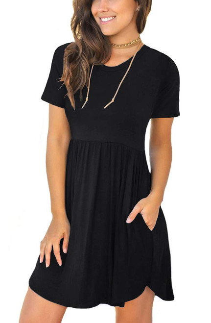 LONGYUAN Womens Casual Short Sleeve Dresses Loose Comfy Swing Sundress with Pockets Black X-Small