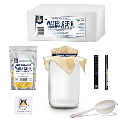Water Kefir Essentials Kit - ORGANIC WATER KEFIR GRAINS (starter culture) + 1-Quart Glass Fermenting Jar with Breathable Cover + Rubber Band + Adhesive Thermometer - Brew Water Kefir at Home