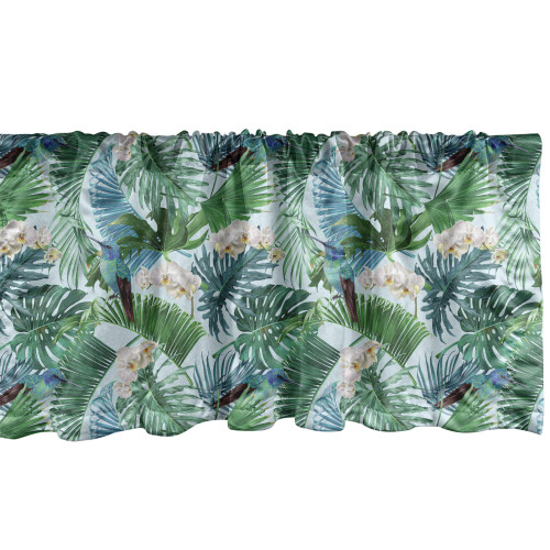 Ambesonne Hummingbird Window Valance, Botanical Exotic Tropical Hawaiian Palm Monstera Leaves Orchid Flowers, Curtain Valance for Kitchen Bedroom Decor with Rod Pocket, 54" X 12", Green Multicolor