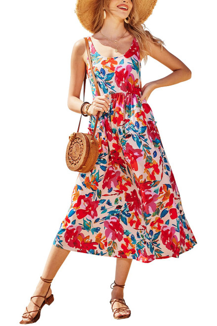 Newshows Beach Dresses for Women 2024 Trendy Spring Summer Casual Loose Boho Sundress Floral Long Flowy Spaghetti Strap Maxi Dress with Pockets(Floral03, Large)