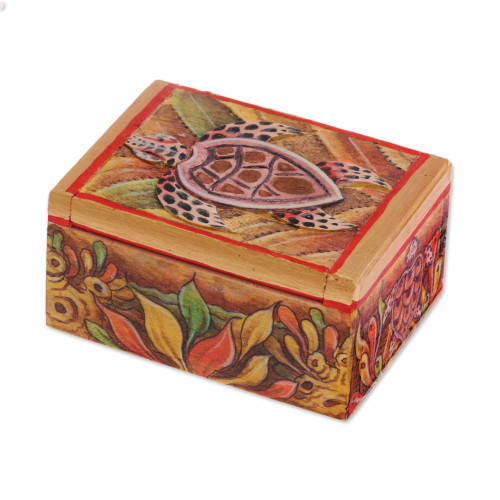 NOVICA Artisan Handmade Wood Mini Jewelry Box Turtlethemed from Bali Multicolor Indonesia Animal Sea 'Serangan Turtle'