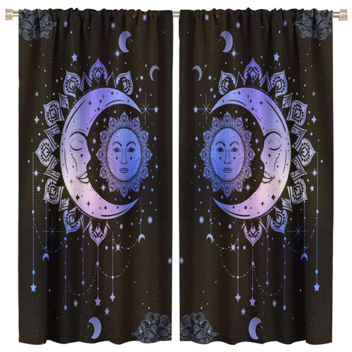 Hazuff Bedroom Sun and Moon Blackout Window Curtains with Purple Sun and Moon Floral Patterns Home Decor Window Rod Pocket Curtains for Bedroom Living Room Kids Room 42x45in