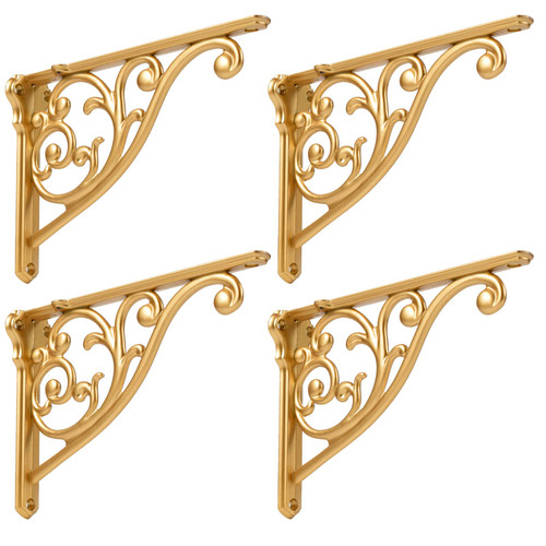 Gold Shelf Brackets 5 Inch 4PCS Heavy Duty Antique Gold Wall Bracket Baroque Kitchen Decorative Rack Shelves, Small Brackets For Shelves. (4, Antique Gold)