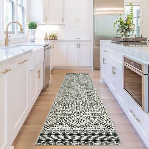 famibay Boho Runner Rug for Hallways 2x8 ft Non Slip Runner Rugs with Rubber Backing Washable Rugs Runner Low Pile Soft Aztec Carpet Floor Runners for Hallways Foyer Entryway(Black and Beige)