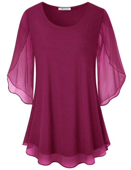SeSe Code Womens Plus Size Tops Flutter Sleeve Chiffon Blouses Dressy Casual Spring 2023 Loose Fit Baggy Shirts Flowy Mesh Top Red Rouge 3XL