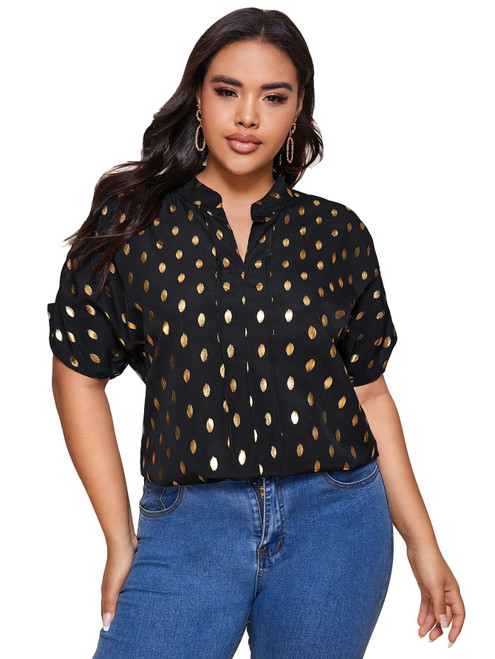 SOLY HUX Women's Plus Size Allover Printed Notched V Neck Short Sleeve Casual Blouse Tops Black Polka Dots Print 3XL