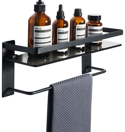 Alise Bathroom Shelves Glass Shelf with Bar,Wall Mount Floating Shelves for Bathroom,1 Tier Tempered Glass Holder Storage Organizer,SUS304 Stainless Steel Black Glass Rack,GDL2001-B