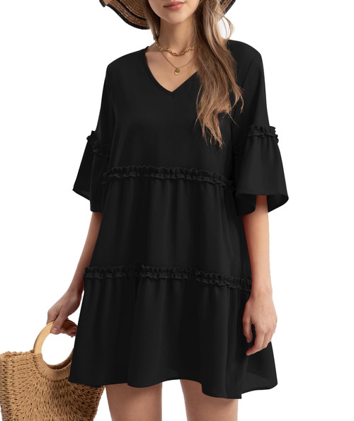 Funlingo Women's Spring Dresses Flowy Tunic Mini Dress Short Sleeve V Neck Swing Dress Summer Mini Dress Vacation A Line Dresses Black Plus Size X-Large