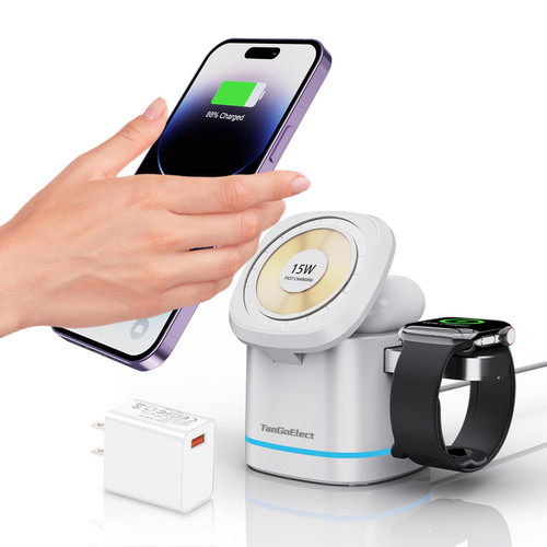 TangoElect Wireless Charger for iPhone 15/14/13/12, 3 in 1 Wireless Charging Station Foldable Travel Charger, 15W Fast Charging Cube, Wireless Charger Stand for iWatch and AirPods' 2/3/Pro (White)