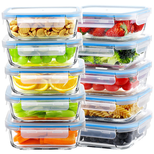 BAYZZ Glass Meal Prep Containers, 10 Packs 22 oz Airtight Glass Food Storage Containers with lids, Glass Lunch Containers, Leakproof, Microwave, Oven, Freezer & Dishwasher Safe, Blue