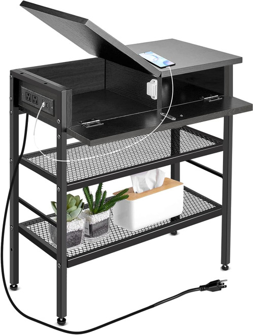 WASAGUN Narrow End Table with Charging Station, Black Nightstand with USB Ports and Outlets, Side Table Living Room Bedroom with Drawer, Skinny Bedside Table Storage Shelves for Small Spaces