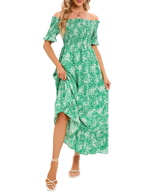 Women Short Sleeve Off Shoulder Boho Dress Summer Casual Beach Floral Maxi Dress Green White Flower XL Women Short Sleeve Off Shoulder Boho Dress Summer Casual Beach Floral Maxi Dress Green White Flower XL