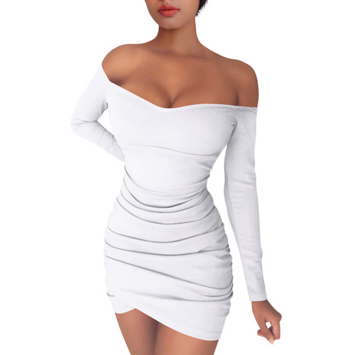 Oustdoze Women's Sexy Off Shoulder Long Sleeve Bodycon Ruched Cocktail Party Club Mini Dress White Oustdoze Women's Sexy Off Shoulder Long Sleeve Bodycon Ruched Cocktail Party Club Mini Dress White