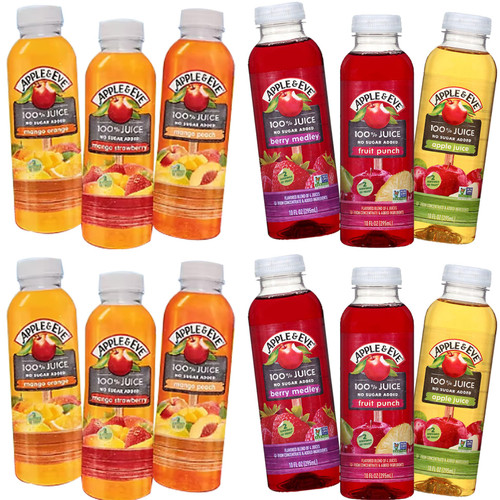 Apple and eve 100% Fruit Juice Variety Pack - 6 Differnet Flavors : Apple, Berry Medley, Fruit Punch, Mango orange, Mango Strawberry and Mango Peach - (12 Count / 10 oz)