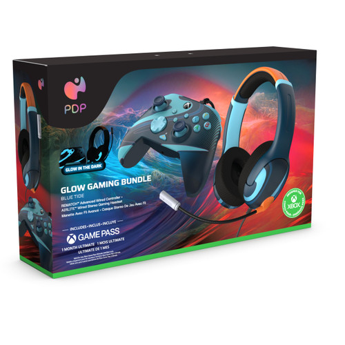 PDP Blue Tide Bundle Pack: Rematch Glow Advanced Wired Controller & AIRLITE Glow Wired Headset for Xbox Series X|S, Xbox One, & Windows 10/11 PC