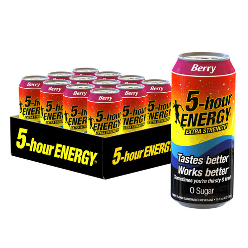 5-hour ENERGY Extra Strength Berry Energy Drink | Berry Flavor | 16oz Cans | Pack of 12 | Sugar-Free & Zero Calories | Vitamins & Amino Acids | Contains Carbonation & 230mg of Caffeine 5-hour ENERGY Extra Strength Berry Energy Drink | Berry Flavor | 16oz Cans | Pack of 12 | Sugar-Free & Zero Calories | Vitamins & Amino Acids | Contains Carbonation & 230mg of Caffeine