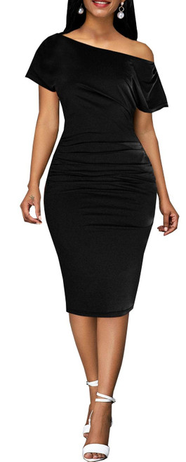 Black Funeral Dress for Women Velvet Church Dresses Bodycon Ruched Vintage Work Cocktail Midi Pencil Dress