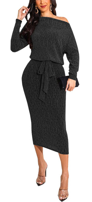 BessCops Womens Long Sleeve Sexy Bodycon Off Shoulder Midi Dress Sequin Party Pencil Dress Black Small