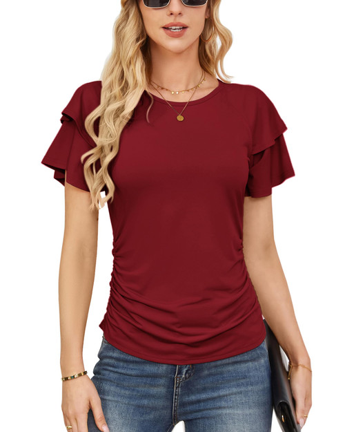 GRACE KARIN Women's Basic Tops Ruffle Sleeve T Shirts Dressy Casual Ruched Work Blouses Wine Red M