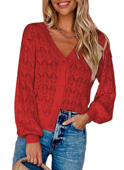 Dokotoo Women's Open Front Cropped Cardigans Casual Long Sleeve Lightweight Cardigan Sweaters Loose V Neck Hollow-Out Crochet Knit Shrug Red Jacket X-Large