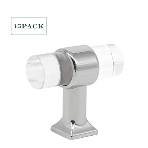 15 Pack T Shape Crystal Knobs Clear Acrylic Drawer Pulls and Knobs Brushed Nickel Kitchen Cabinet Knobs and Handles 1.9''Height 1.6''Diameter Dresser Cupboard Hardware Pulls
