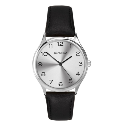 Sekonda Mens Classic Analogue Quartz Watch with Silver Dial and Black Leather Strap 1851