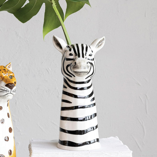Creative Co-Op Hand-Painted Decorative Stoneware Zebra Vase, White and Black