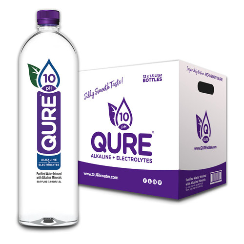 QURE Water, 1.5 Liter ( 50.7 fl oz ), Pack of 12 Bottled Water, 10 pH Alkaline Water, Silky Smooth Taste Water with Electrolytes, Ionized Alkaline Water Bottle Pack